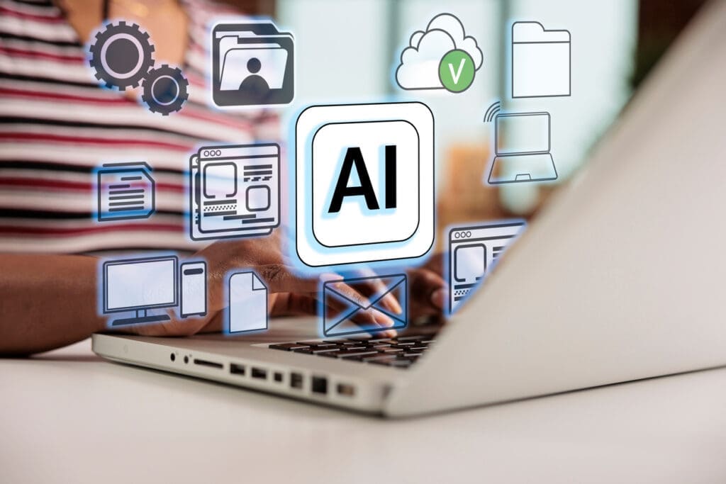 Woman using a laptop with icons of different kinds of content over it