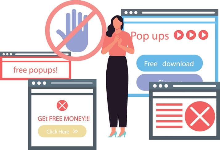A cartoon woman with popup ads all around her
