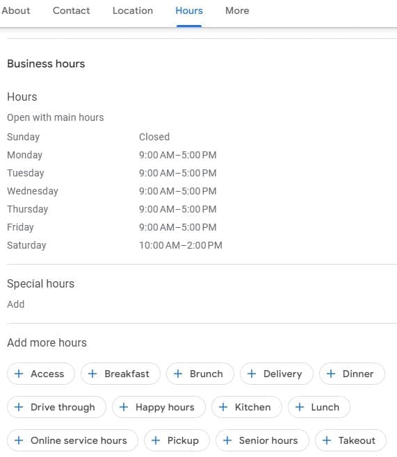 A screenshot of where to add hours and additional information to GMB