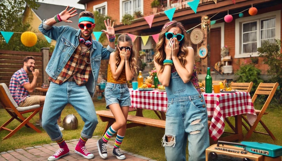An AI image of parents dancing in a backyard with embarrassed kids