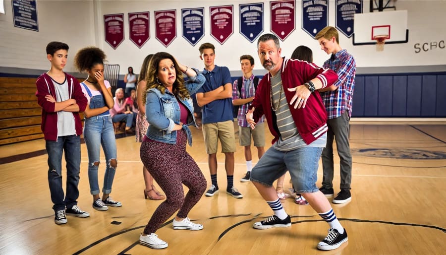 An AI image of parents dancing in a school gym while embarrassed kids watch