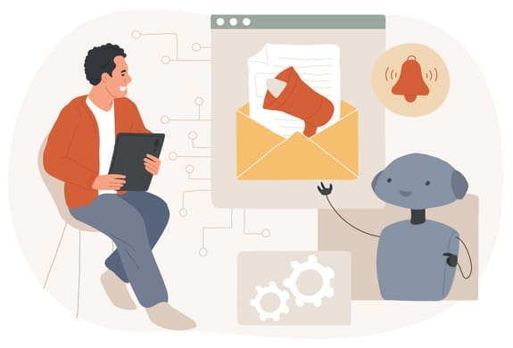 A man in a chair looking at a robot creating an email