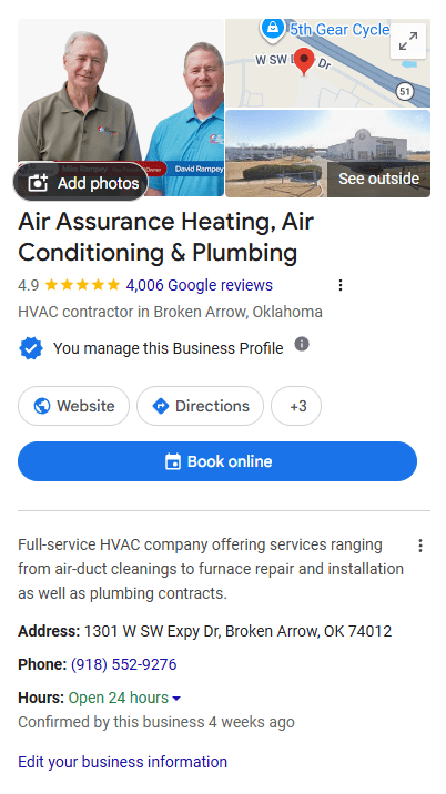 The Google Business Profile for Air Assurance, an HVAC company in Tulsa, Oklahoma, shows a 4.9-star review rating.